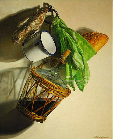 UNE BOUTEILLE, DE PAIN, UN SAUCISSON, ET UNE COUPE BLANCHE DE METAL<br>(A BOTTLE, BREAD, A SAUSAGE, AND A WHITE METAL CUP)