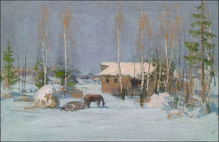 COUNTRY LANDSCAPE IN WINTER WITH HORSE AND BARN 